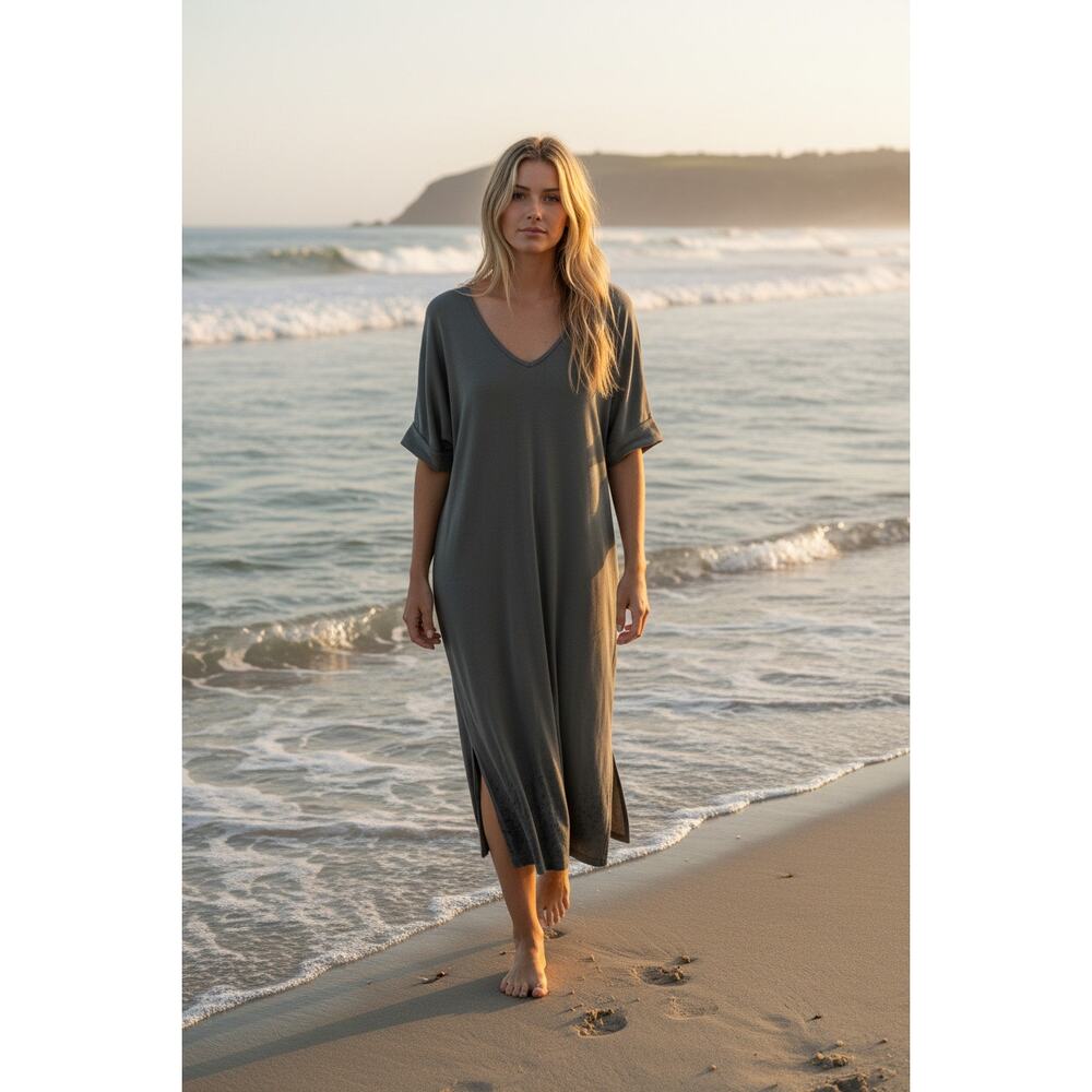 MOD REF "Delaney" Maxi Dress Deep V-Neck Olive w/ Pockets - Small